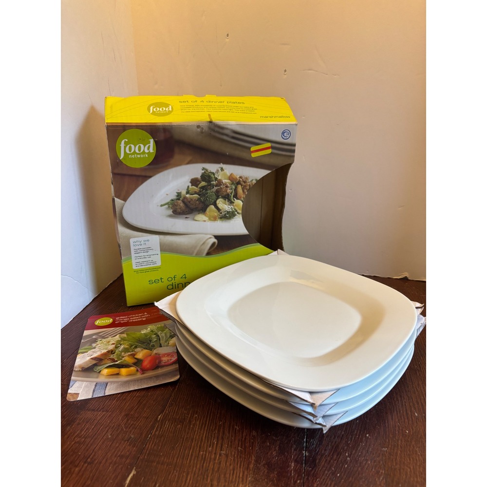 Food Network Marshmallow Square White Porcelain Dinner Plates Set of 4 TTU-Q0821
